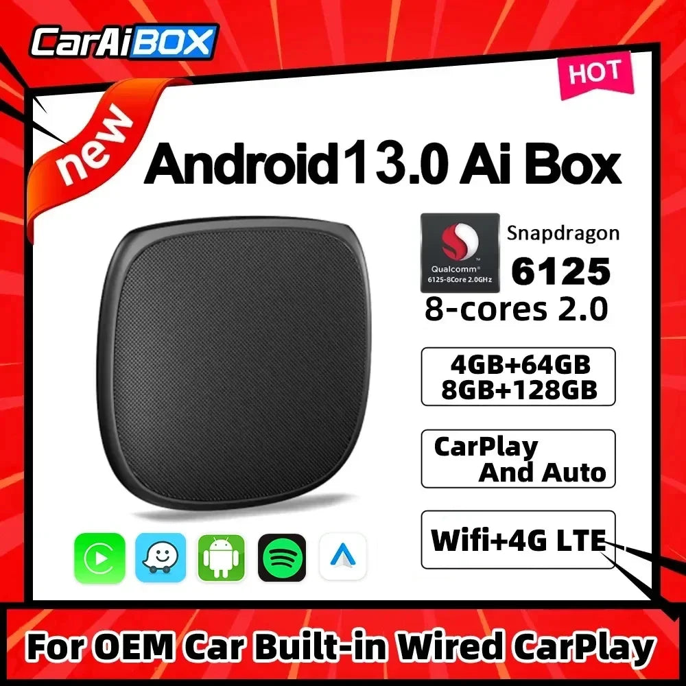 CarAiBOX CarPlay Ai Box Qualcomm 6125 8-Core CPU Android 13.0  Wireless CarPlay Android auto For OEM Car Built-in Wired CarPlay